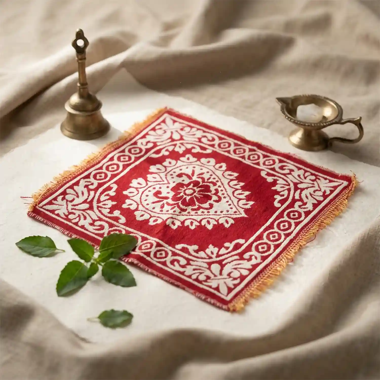 Asan for Puja  | Traditional Red & White Sitting Mat | Medium Size
